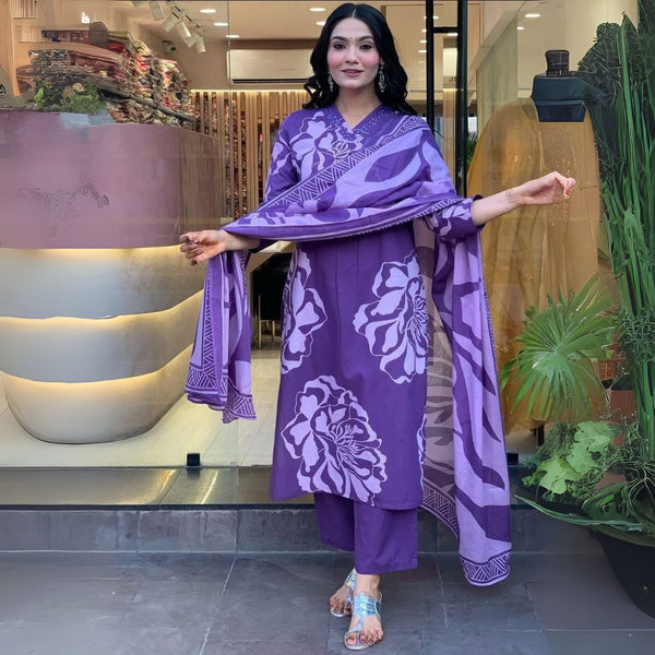 Elegant Purple Mal Cotton Embroidered Suit Set with Dupatta