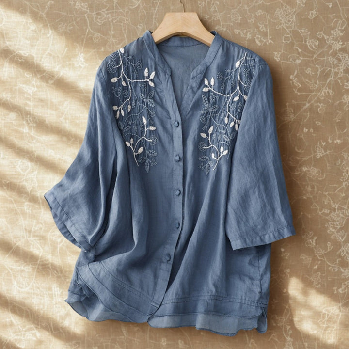 Embroidered Floral V-Neck Cotton Linen Top | Vintage 3/4 Sleeve Blouse