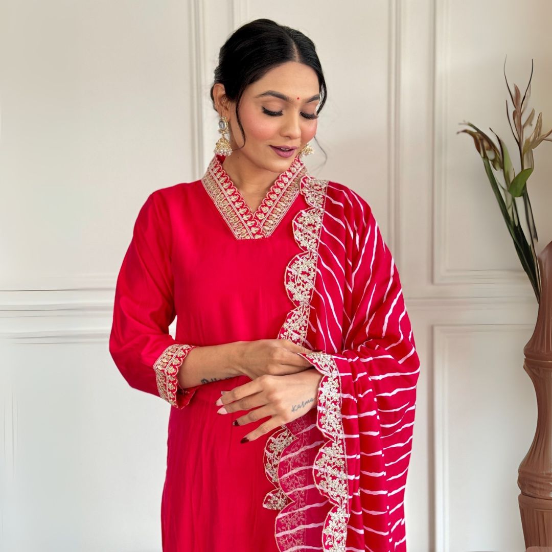 Graceful Chanderi Embroidered Suit Set with Printed Muslin Dupatta