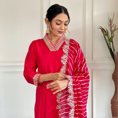 Graceful Chanderi Embroidered Suit Set with Printed Muslin Dupatta