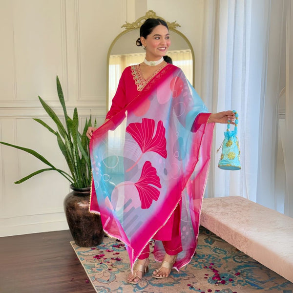Graceful Fuchsia Embroidered Kurta Set with Printed Tebby Silk Dupatta