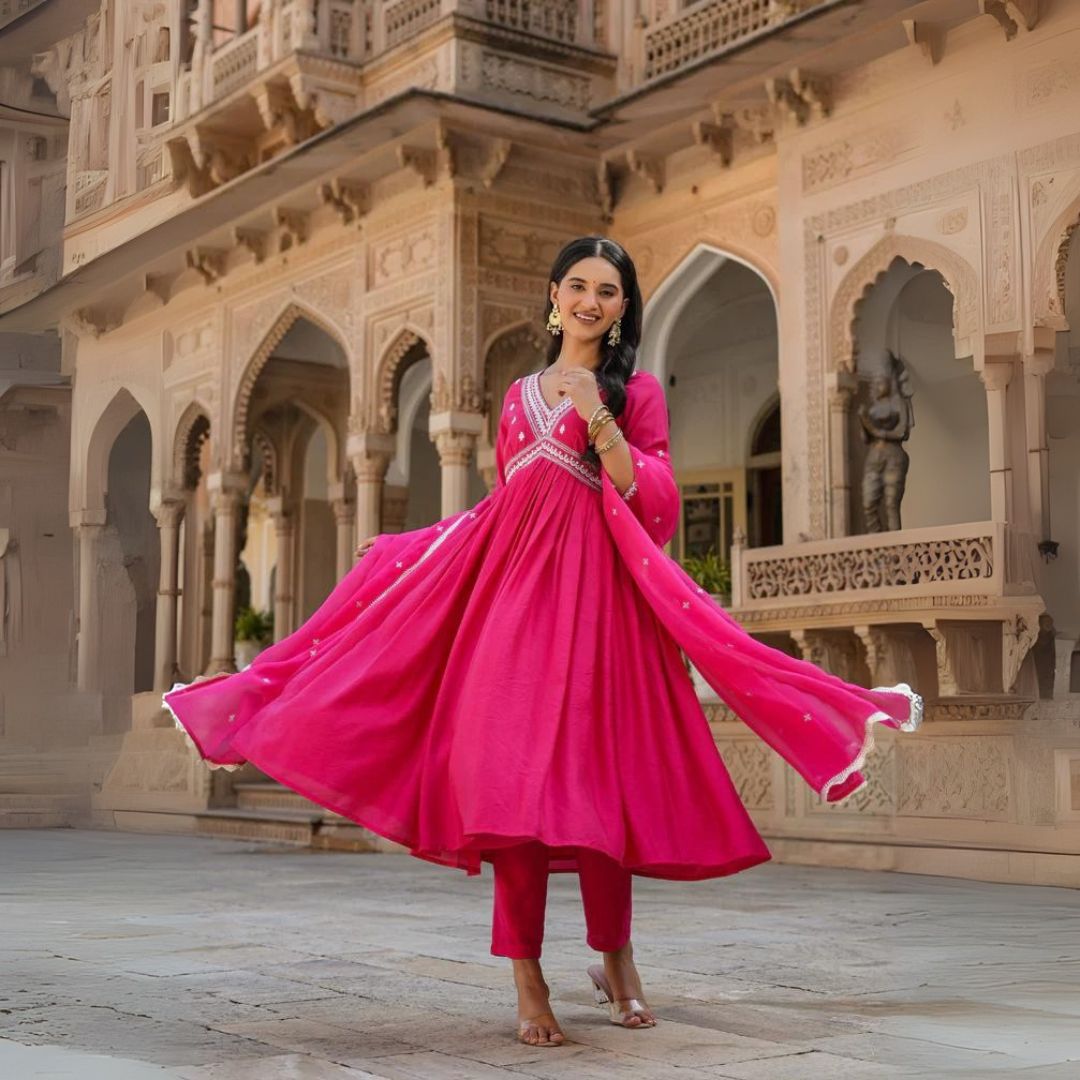 Fuchsia Pink Anarkali Kurta Set with Embroidered Dupatta – Aathado Festive Collection