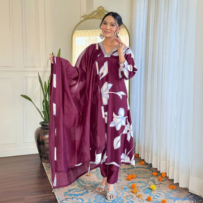 Elegant Maroon Floral Embroidered Kurta Set with Chanderi Dupatta