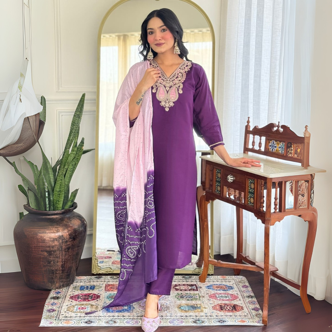 Royal Purple Chanderi Silk Embroidered Suit Set with Ombre French Crepe Dupatta