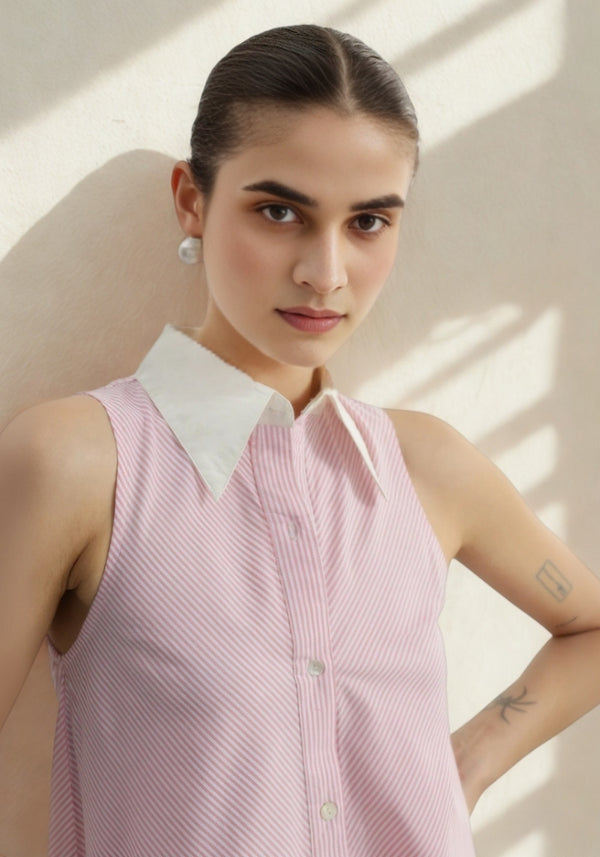 Asymmetric Striped Sleeveless Shirt Dress with Contrast Collar