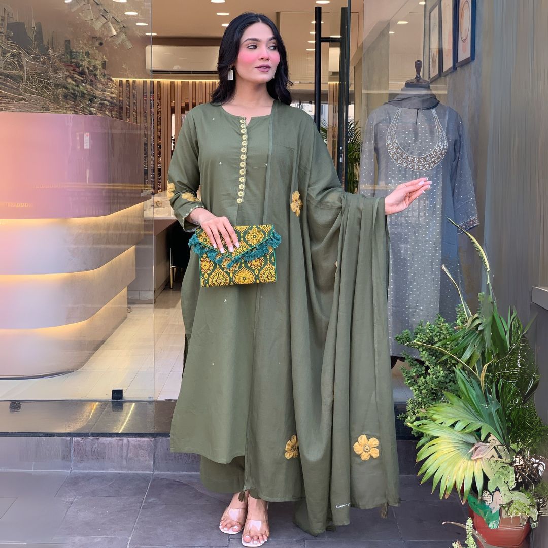 Gulbano Olive Green Chanderi Silk Embroidered Kurta Set with Dupatta