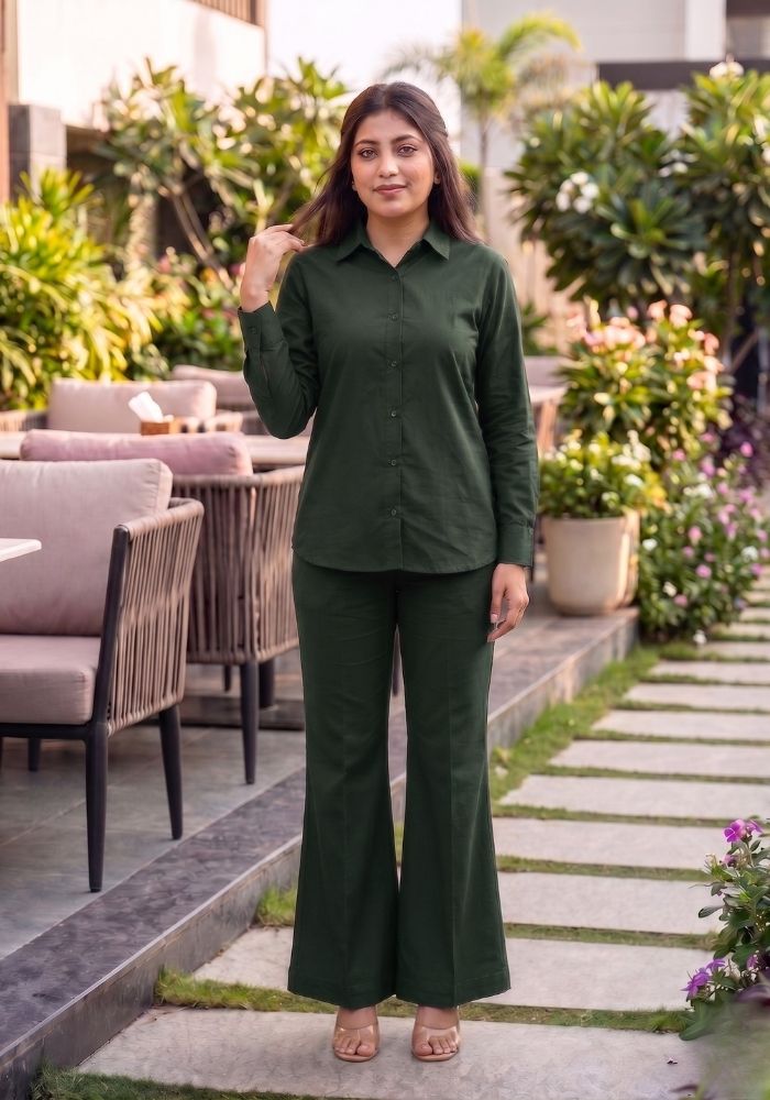 Women’s Cotton Shirt &amp; Flared Pant Teal Green Co-Ord Set