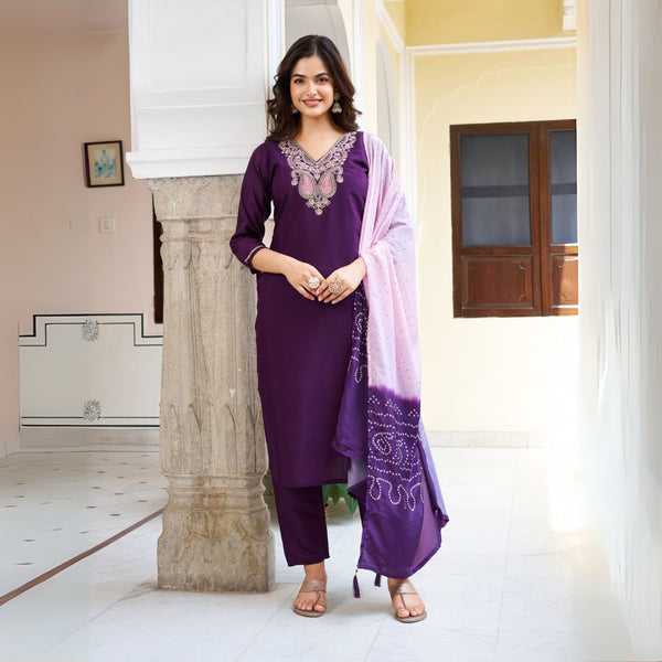 Royal Purple Chanderi Silk Embroidered Suit Set with Ombre French Crepe Dupatta