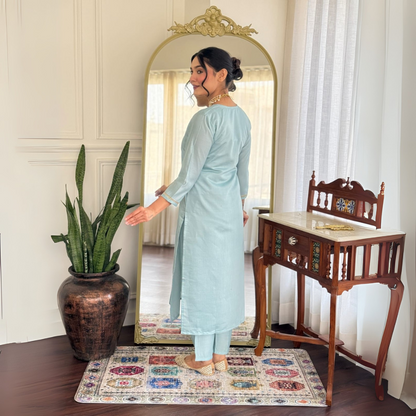 Gulnaar Bandhej Dupatta Set – Powder Blue Embroidered Elegance