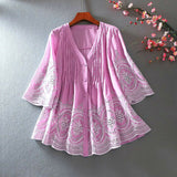 Vintage Ethnic Heavy Embroidery Ruffle Cotton Tunic For Women