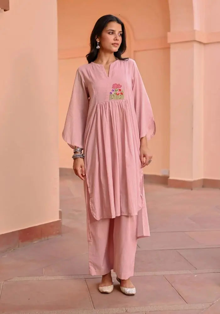 Buy Elegant Light Pink Cotton Kurta with Floral Embroidery  Women’s Fashion Online - We Shine