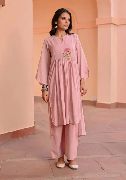 Buy Elegant Light Pink Cotton Kurta with Floral Embroidery  Women’s Fashion Online - We Shine