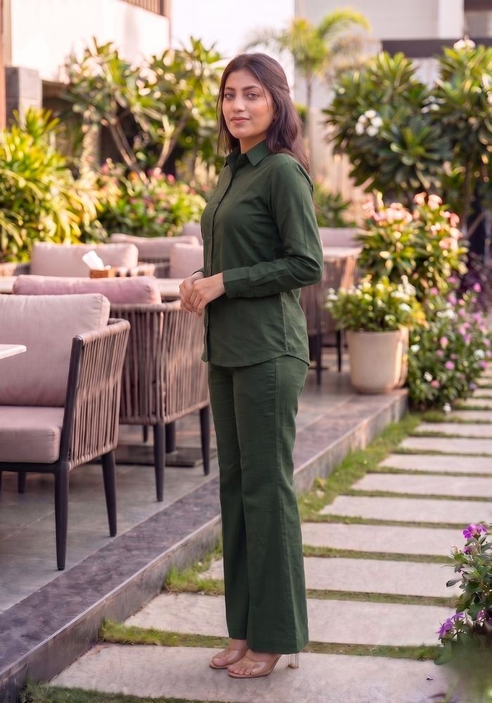 Women’s Cotton Shirt &amp; Flared Pant Teal Green Co-Ord Set