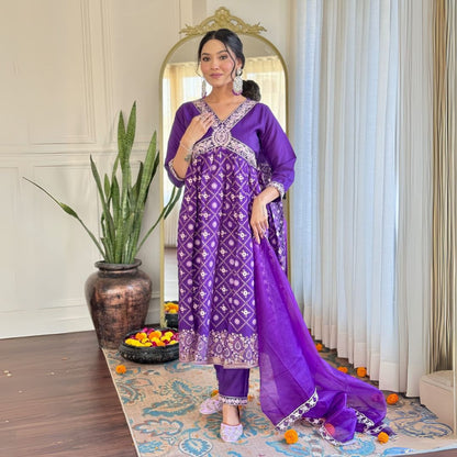 Royal Purple Chanderi Silk Embroidered Suit with Organza Dupatta