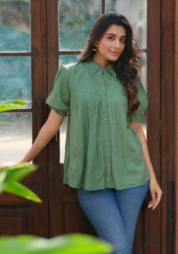 Casual Heavy Rayon Solid Green Half Sleeve Tunic