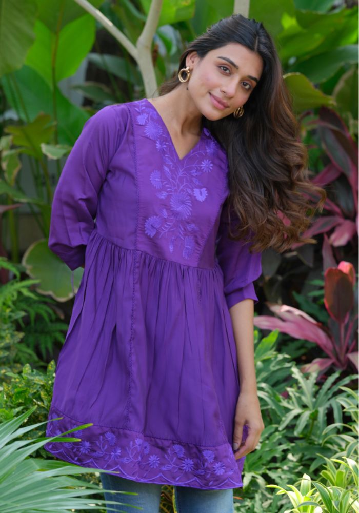 Heavy Silk Purple Embroidery Stylish Tunic for Women