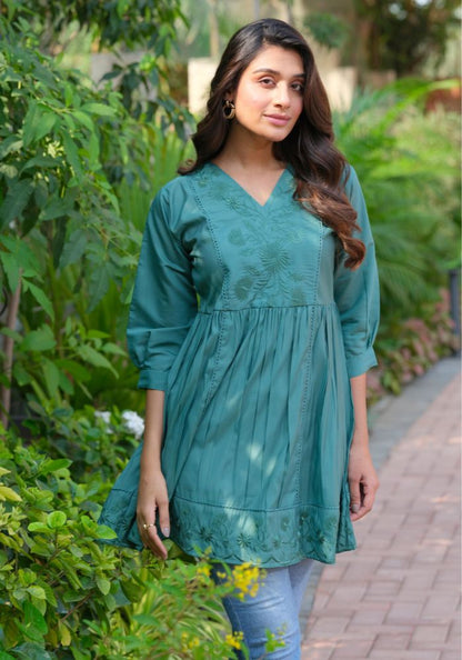 Heavy Silk Green Embroidery Stylish Tunic for Women