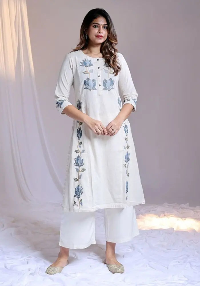 Buy Round Neck Floral Threadwork Design White Cotton Salwar Set  Women’s Fashion Online - We Shine