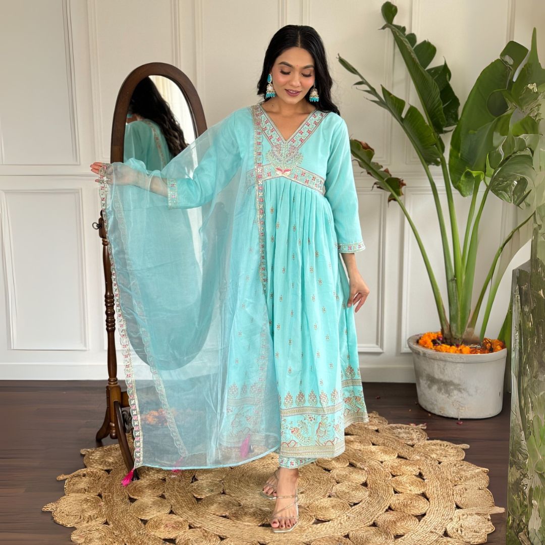 Elegant Aqua Blue Embroidered Kurta Set with Organza Dupatta