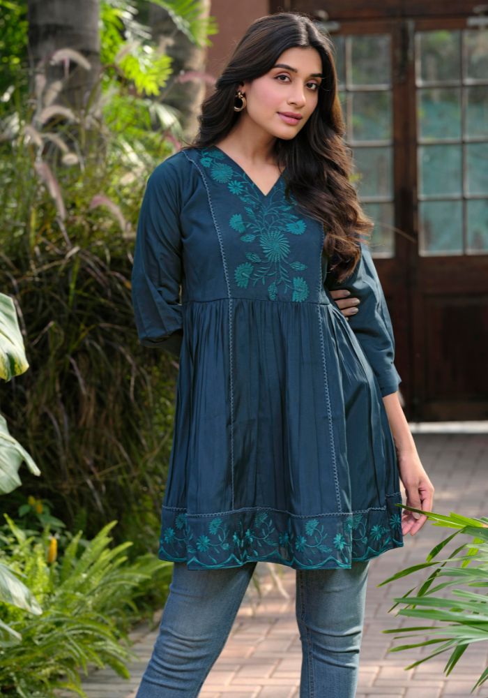 Heavy Silk Blue Embroidery Stylish Tunic for Women