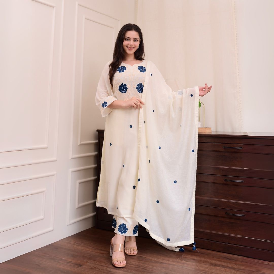 Elegant Cream Embroidered Rayon Slub Kurta Set with Chanderi Dupatta