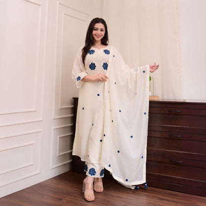 Elegant Cream Embroidered Rayon Slub Kurta Set with Chanderi Dupatta