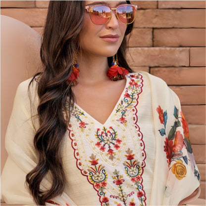 Ivory Bloom Embroidered Chanderi Silk Suit Set with Floral Dupatta