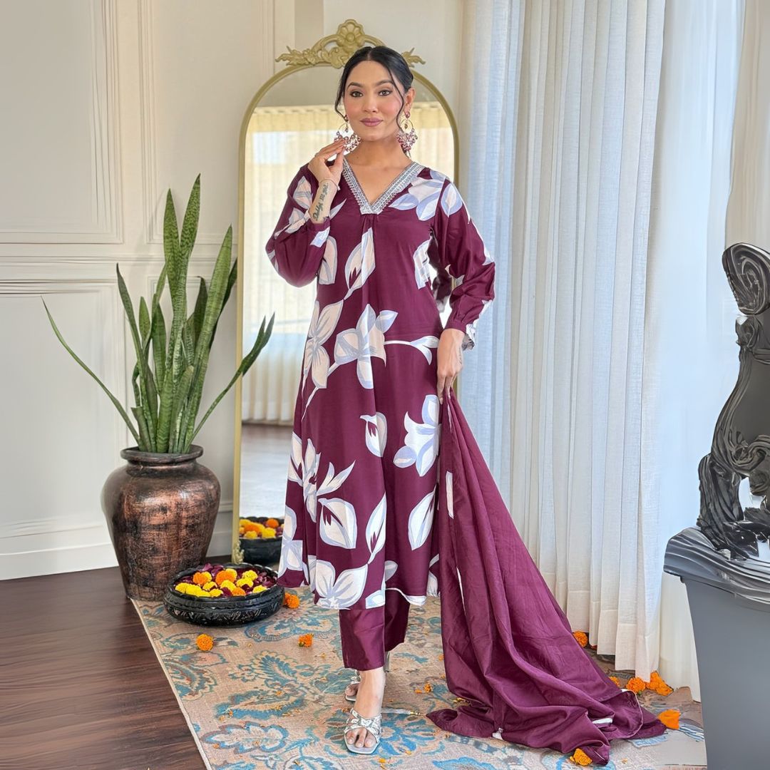 Elegant Maroon Floral Embroidered Kurta Set with Chanderi Dupatta