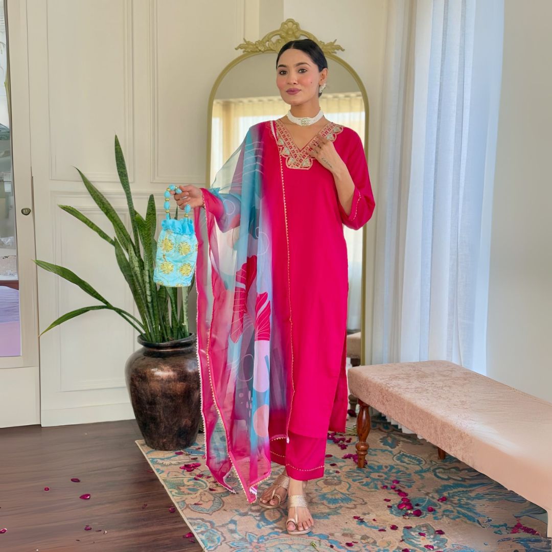 Graceful Fuchsia Embroidered Kurta Set with Printed Tebby Silk Dupatta