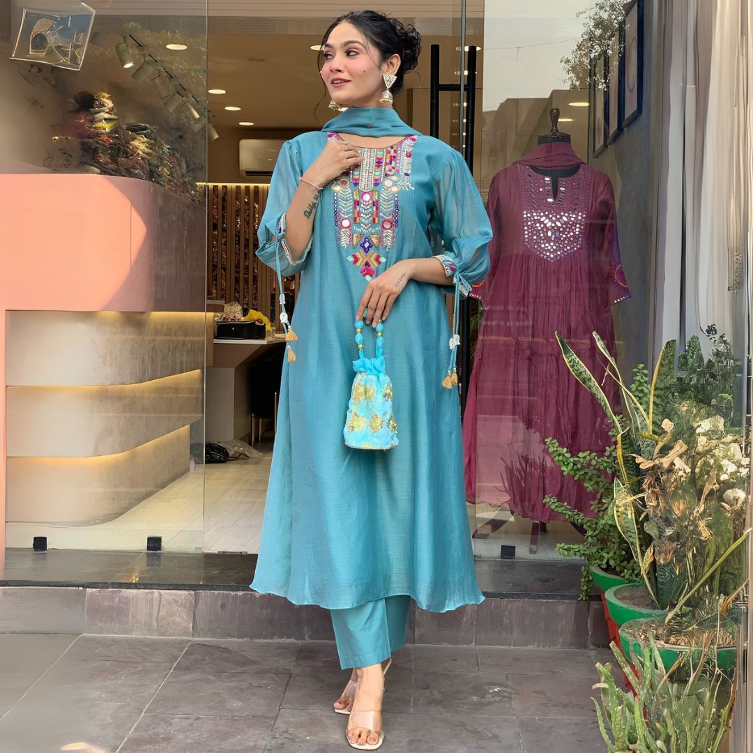 Turquoise Chanderi Silk Embroidered Suit Set with Organza Dupatta