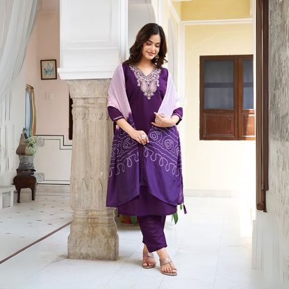 Royal Purple Chanderi Silk Embroidered Suit Set with Ombre French Crepe Dupatta
