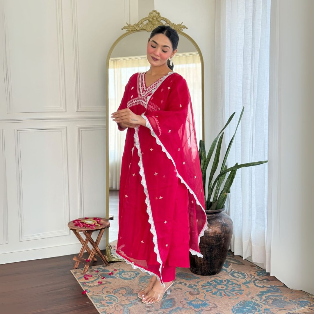 Fuchsia Pink Anarkali Suit Set with Embroidered Dupatta – Aathado Ethnic Collection