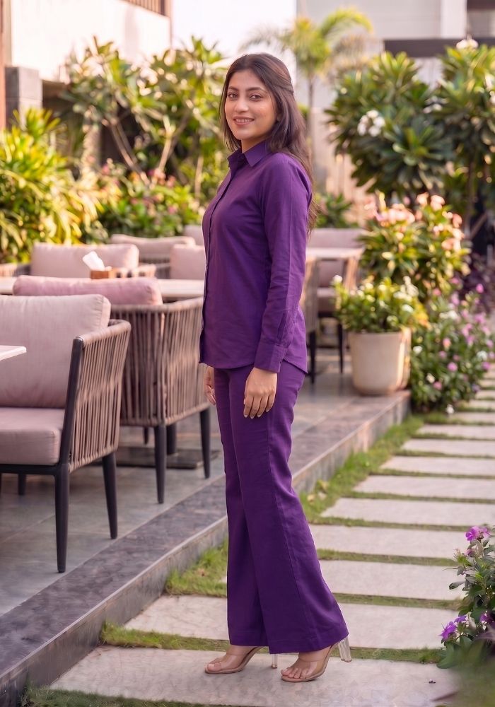 Women’s Cotton Shirt &amp; Flared Pant Purple Co-Ord Set