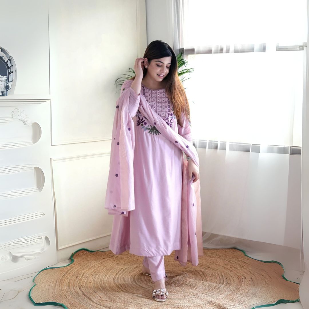 Lavender Embroidered Chanderi Silk Suit Set with Organza Dupatta