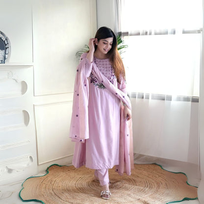 Lavender Embroidered Chanderi Silk Suit Set with Organza Dupatta