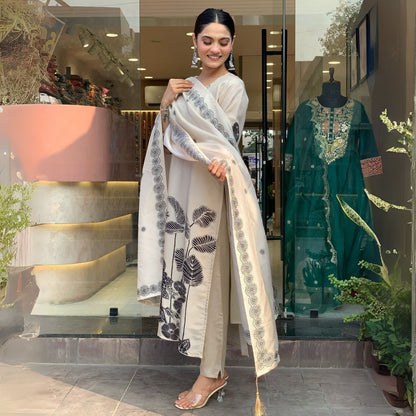 Elegant White Embroidered Chinon Silk Kurta Set with Printed Dupatta