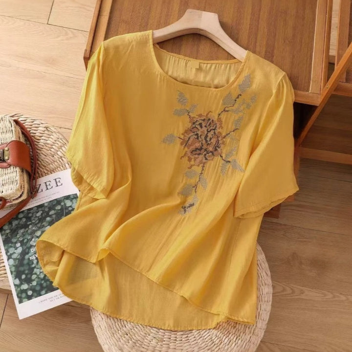 Floral Embroidered Cotton Linen Top | Oversized Layered Hem Blouse