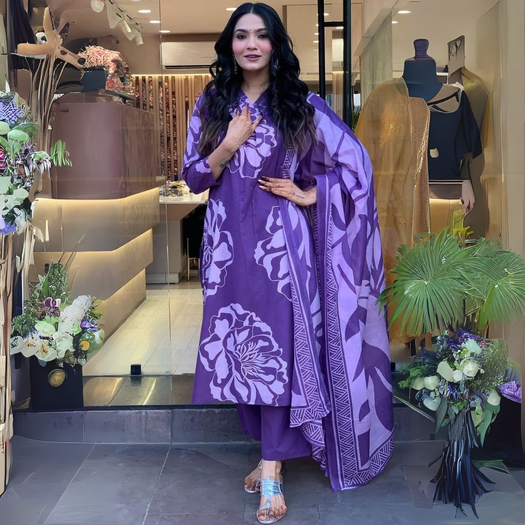 Elegant Purple Mal Cotton Embroidered Suit Set with Dupatta