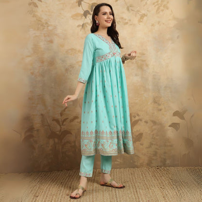 Elegant Aqua Blue Embroidered Kurta Set with Organza Dupatta