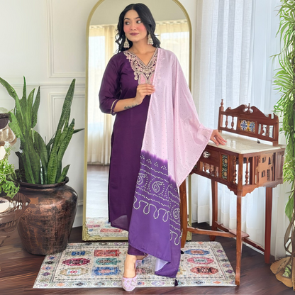 Royal Purple Chanderi Silk Embroidered Suit Set with Ombre French Crepe Dupatta