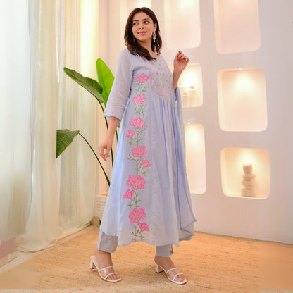 Elegant Sky Blue Embroidered Parampara Silk Suit with Organza Dupatta
