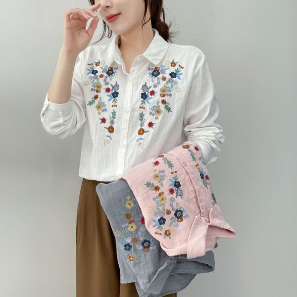 Women's Floral Embroidery Shirt - Soft Cotton Long Sleeve Top