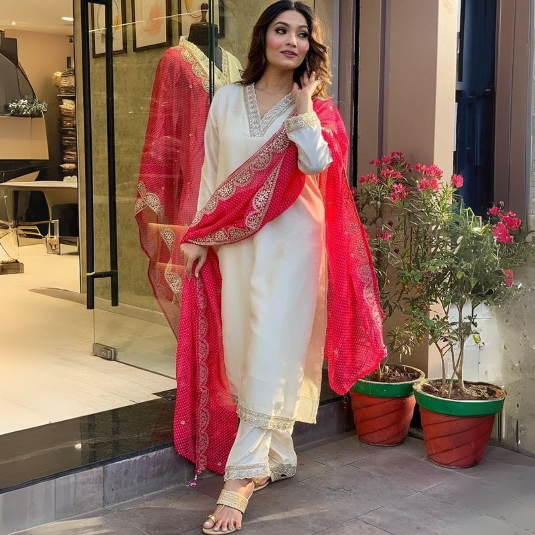 Elegant Off-White Chanderi Suit Set with Red Muslin Dupatta &amp; Gorgeous Embroidery Work