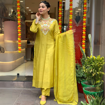 Radiant Mustard Yellow Embroidered Chanderi Suit Set