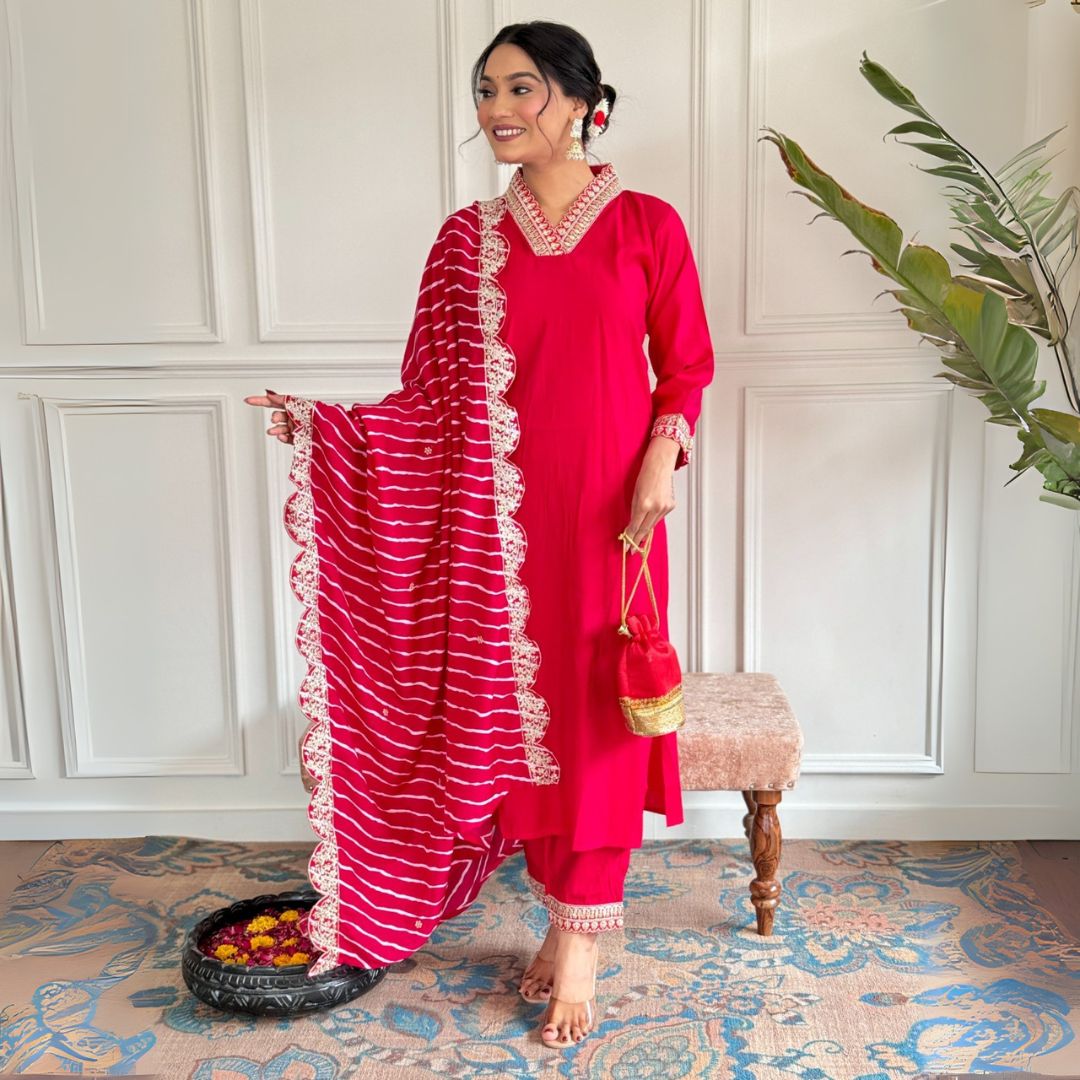 Graceful Chanderi Embroidered Suit Set with Printed Muslin Dupatta