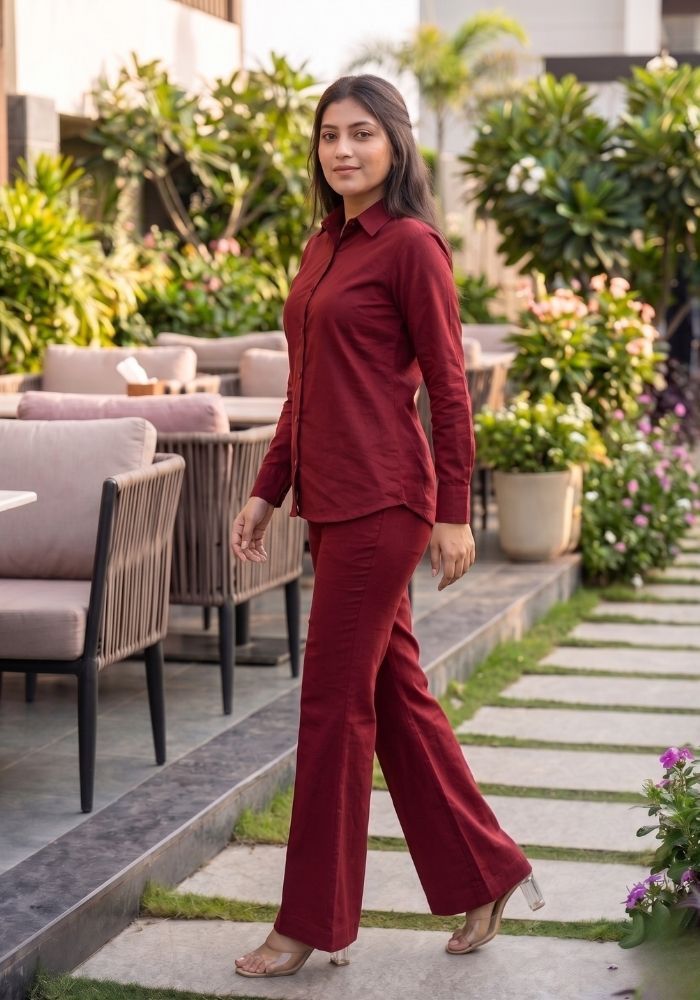 Women’s Cotton Shirt &amp; Flared Pant Maroon Co-Ord Set