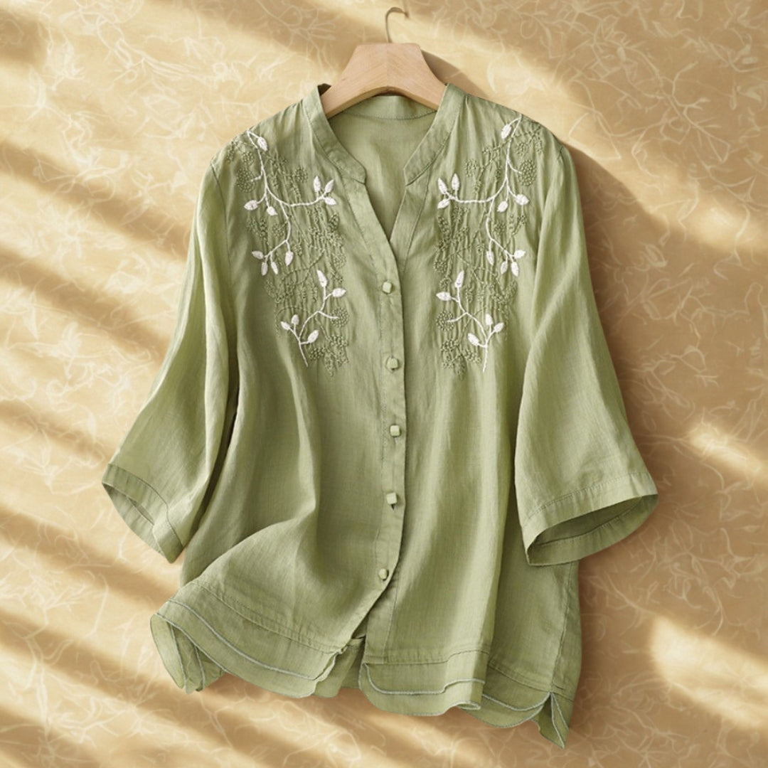 Embroidered Floral V-Neck Cotton Linen Top | Vintage 3/4 Sleeve Blouse