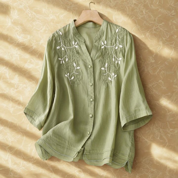 Embroidered Floral V-Neck Cotton Linen Top | Vintage 3/4 Sleeve Blouse