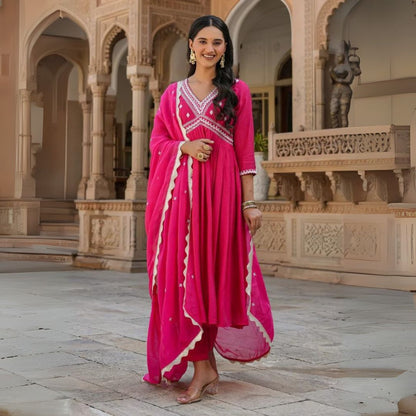 Fuchsia Pink Anarkali Kurta Set with Embroidered Dupatta – Aathado Festive Collection