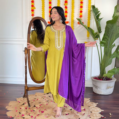 Olive-Gold Embroidered Suit Set with Royal Purple Dupatta